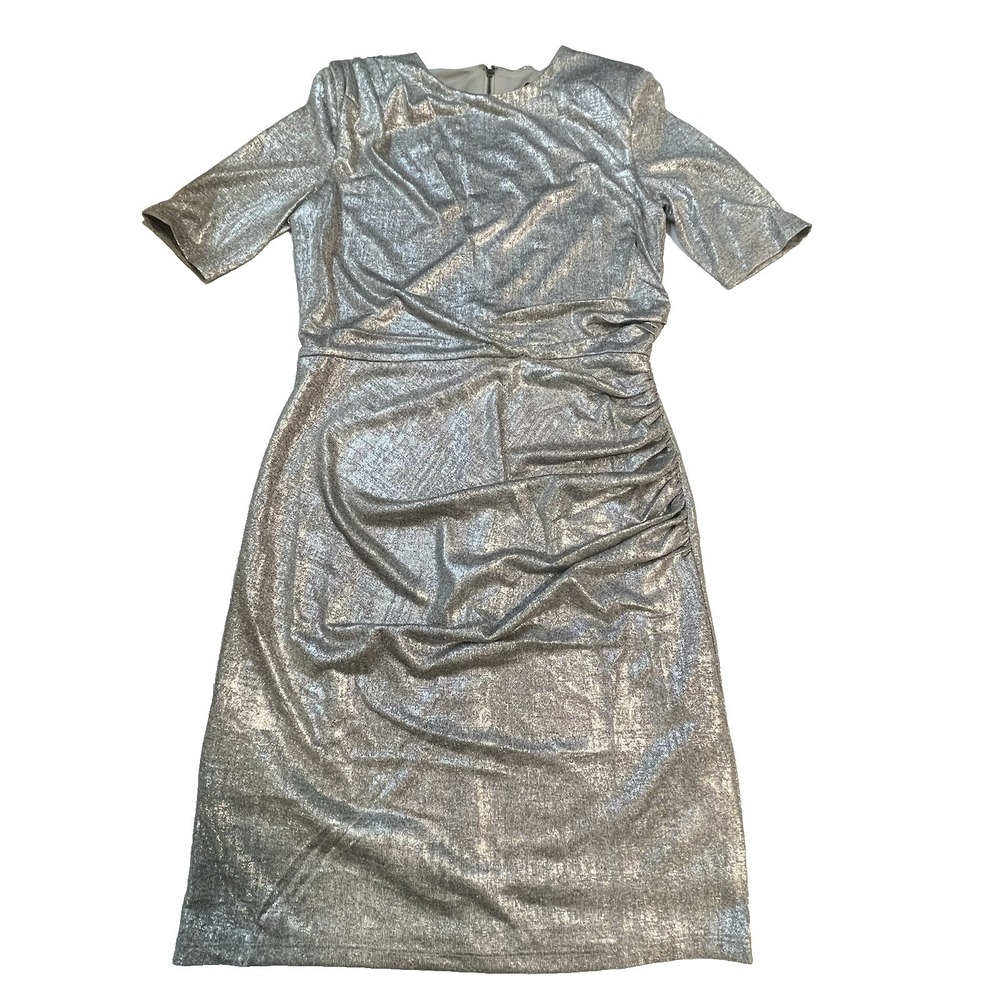 Catherine Malandrino Women's‎ S Lux Silver Metallic Lined Ruched Draped Dress